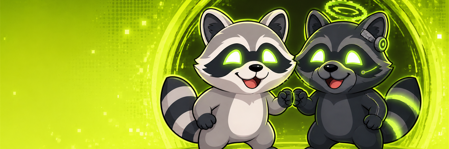Artificial Raccoon duo standing in front of a lime digital portal
