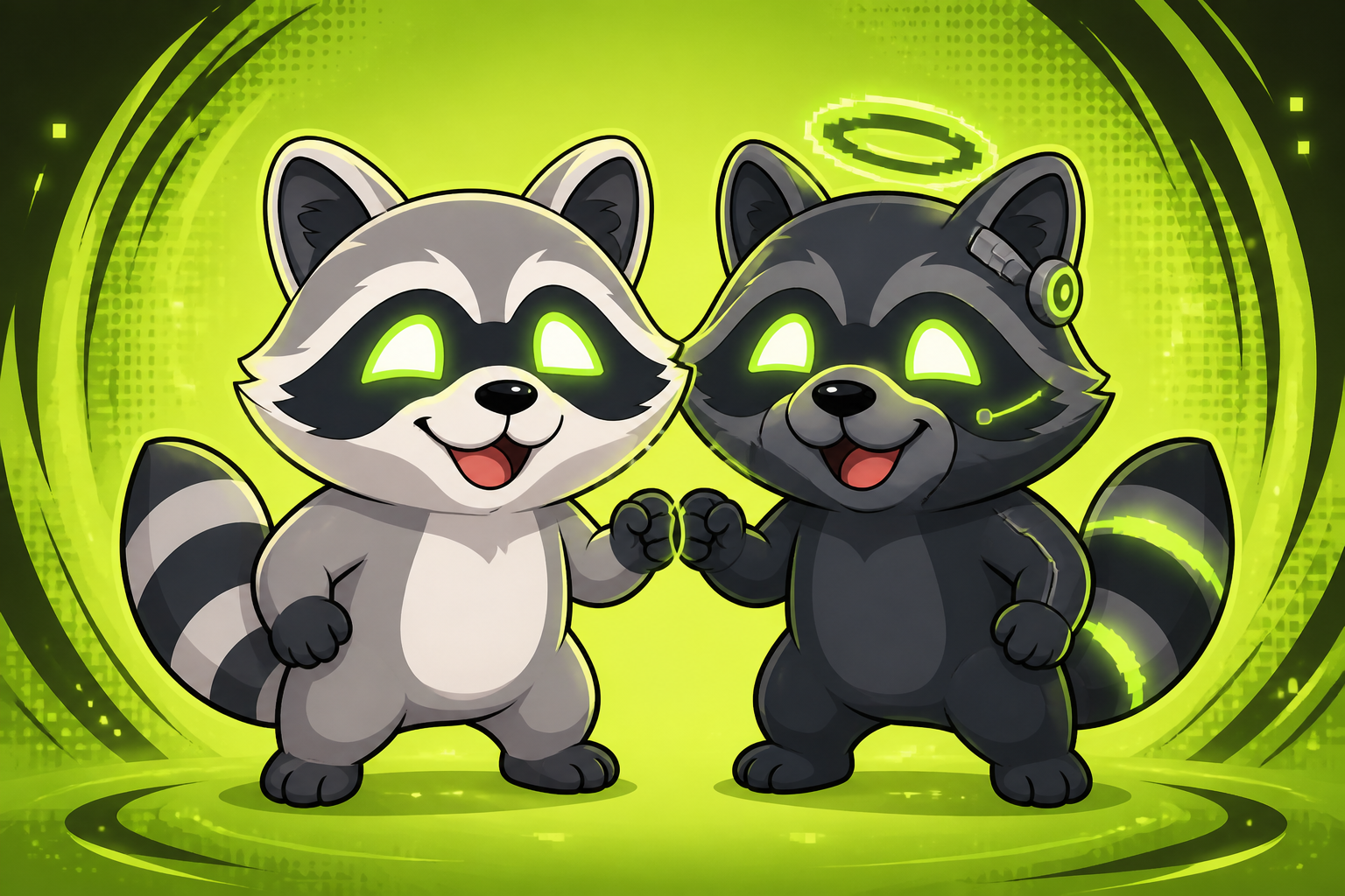 Two smiling raccoons, one natural and one artificial, bumping paws in a lime digital portal